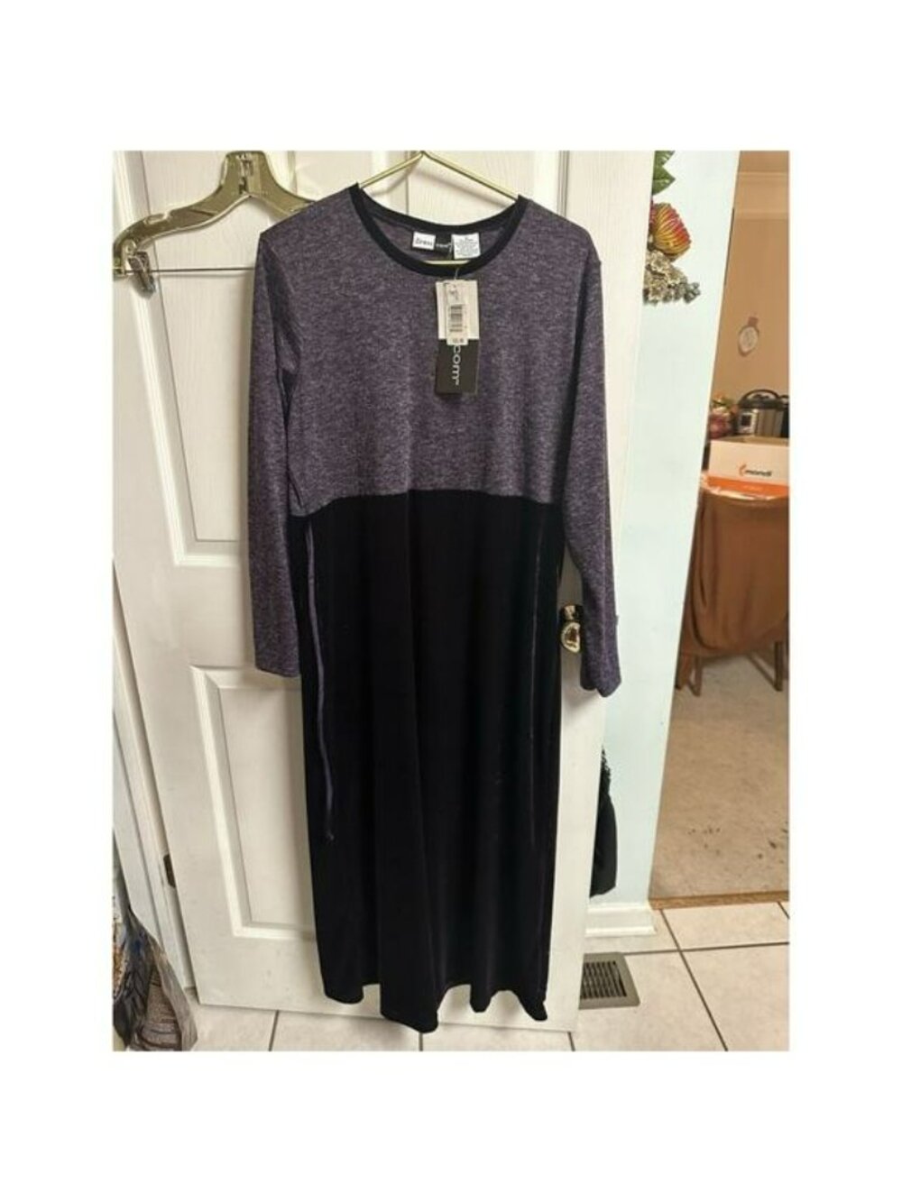 VNT NwT Dress.com Purple Black Faux Velvet Maxi Large 16 Stretch Modest Y2K